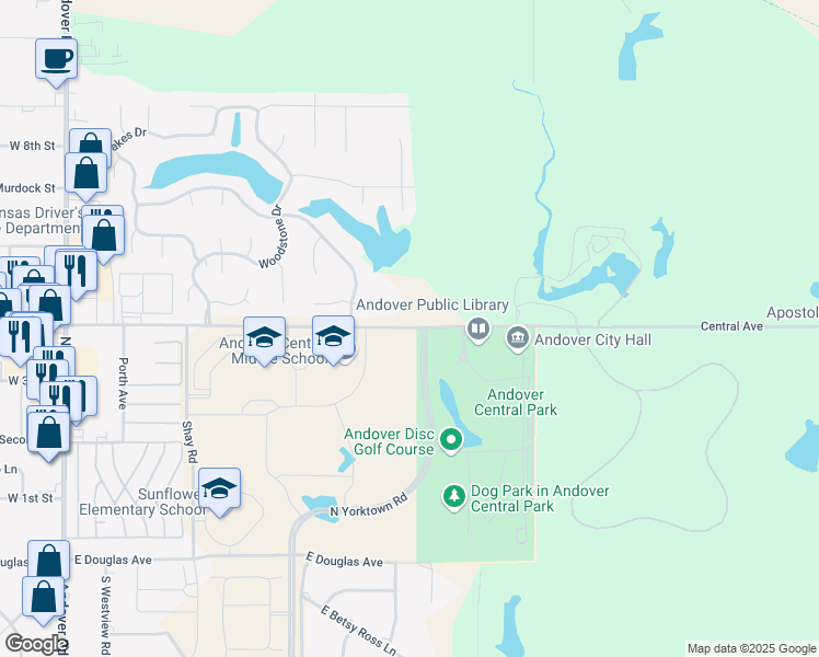map of restaurants, bars, coffee shops, grocery stores, and more near 903 East Central Avenue in Andover