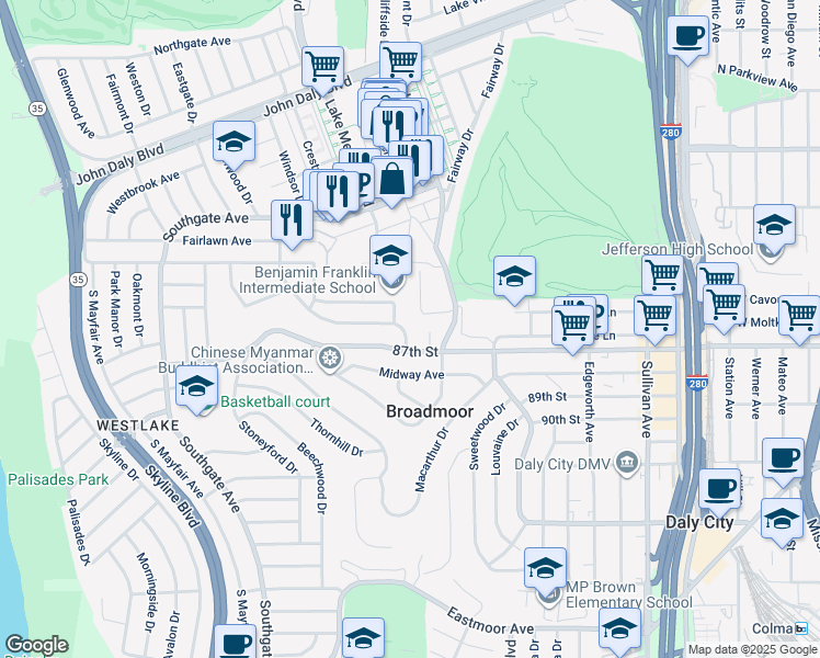 map of restaurants, bars, coffee shops, grocery stores, and more near 716 Maddux Drive in Daly City