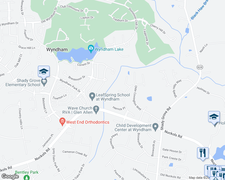 map of restaurants, bars, coffee shops, grocery stores, and more near 6117 Onslow Court in Glen Allen