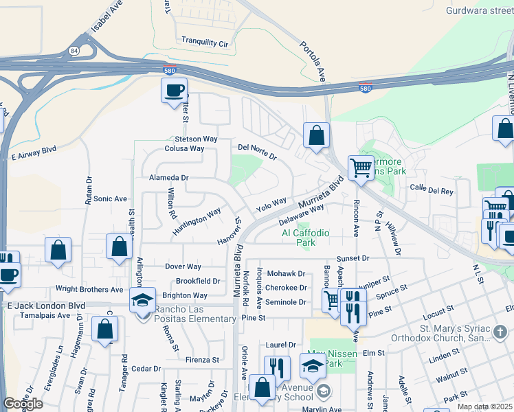 map of restaurants, bars, coffee shops, grocery stores, and more near 732 Yolo Way in Livermore