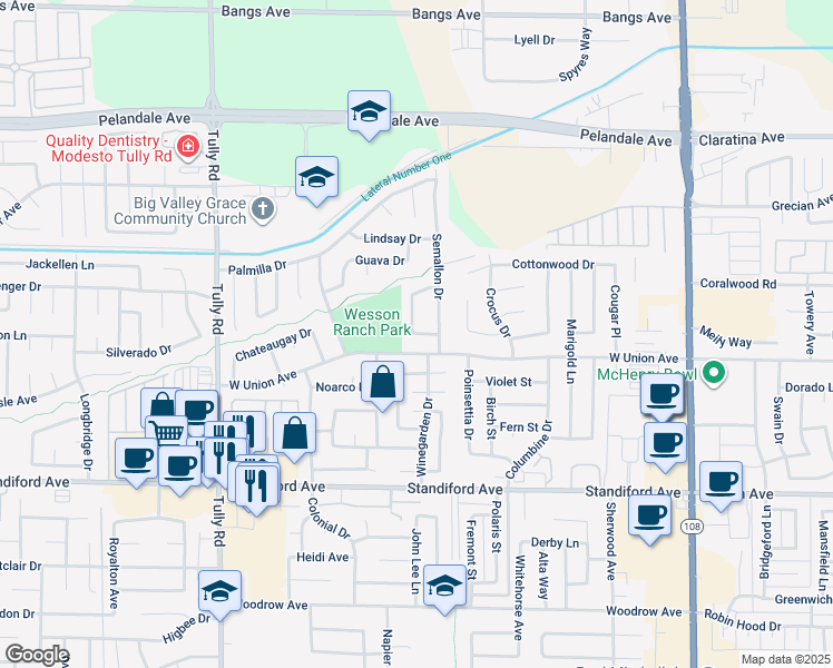 map of restaurants, bars, coffee shops, grocery stores, and more near 899 Perlette Way in Modesto