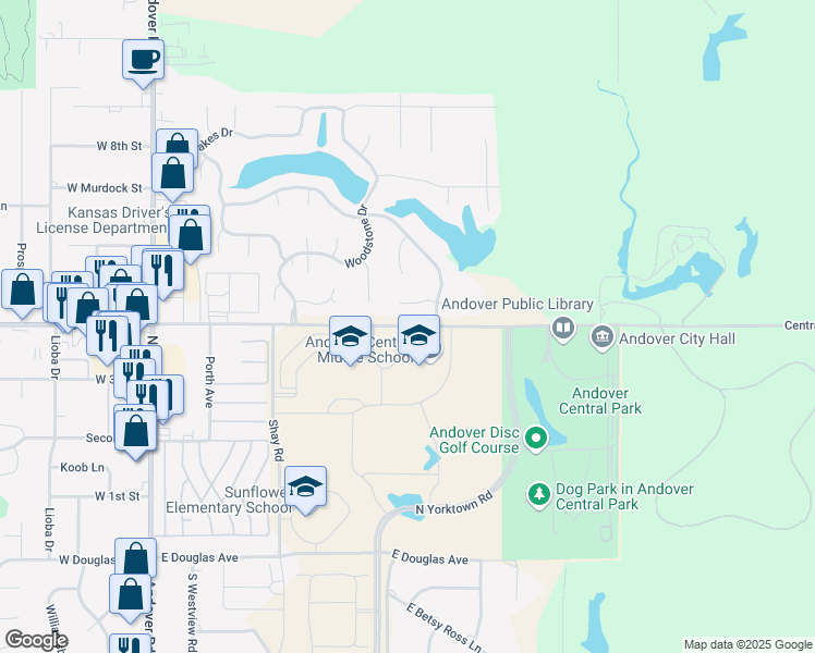 map of restaurants, bars, coffee shops, grocery stores, and more near 603 East Central Avenue in Andover