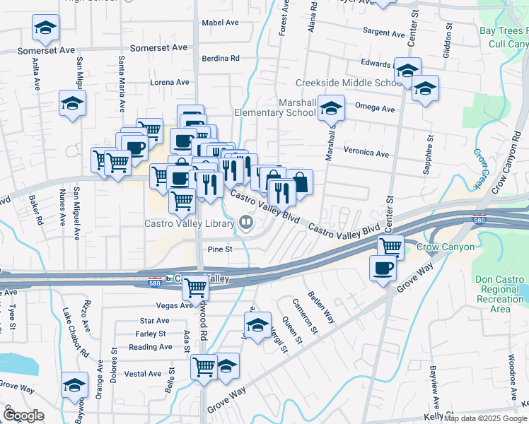 map of restaurants, bars, coffee shops, grocery stores, and more near 3789 Castro Valley Boulevard in Castro Valley