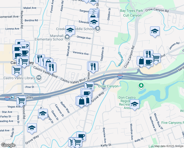 map of restaurants, bars, coffee shops, grocery stores, and more near Sergeant Daniel Sakai Memorial Highway in Castro Valley