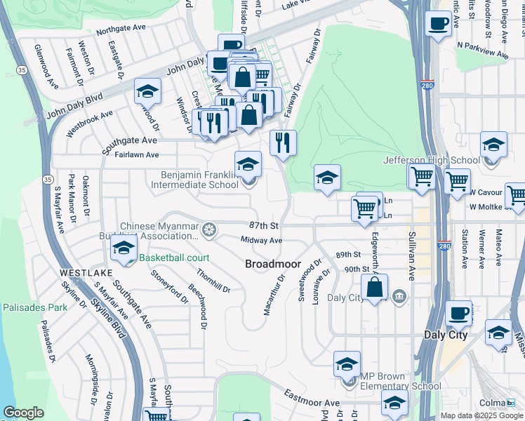 map of restaurants, bars, coffee shops, grocery stores, and more near 716 Maddux Drive in Daly City