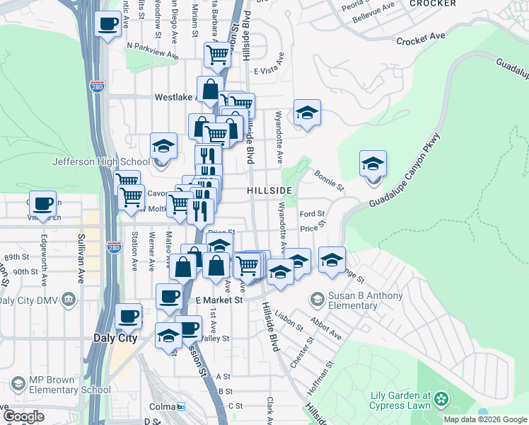 map of restaurants, bars, coffee shops, grocery stores, and more near 773 Hillside Boulevard in Daly City