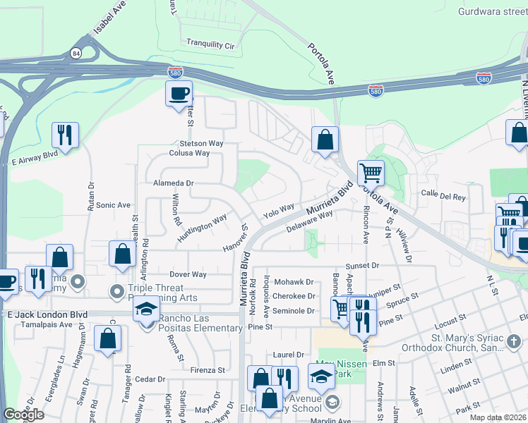 map of restaurants, bars, coffee shops, grocery stores, and more near 732 Yolo Way in Livermore
