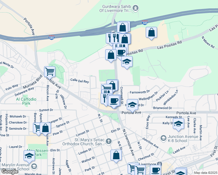 map of restaurants, bars, coffee shops, grocery stores, and more near 2163 Elsa Common in Livermore