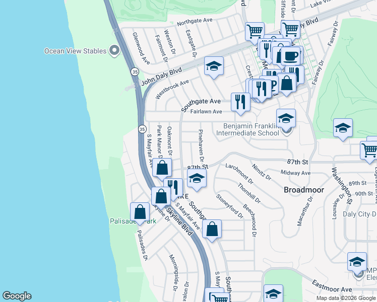 map of restaurants, bars, coffee shops, grocery stores, and more near 36 Lake Meadow Drive in Daly City