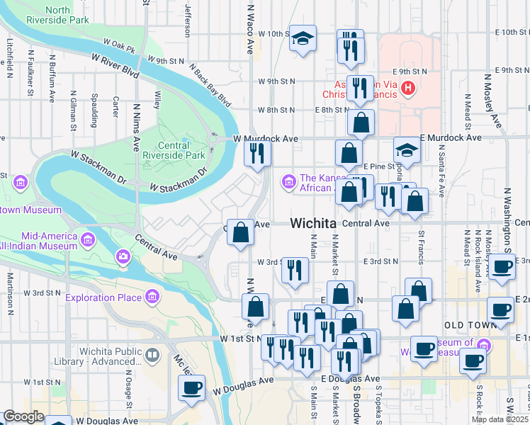 map of restaurants, bars, coffee shops, grocery stores, and more near 302-304 West Central Avenue in Wichita