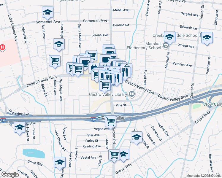 map of restaurants, bars, coffee shops, grocery stores, and more near 3455 Redwood Court in Castro Valley