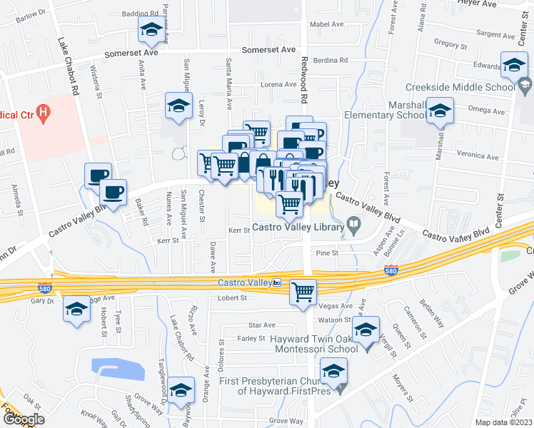 map of restaurants, bars, coffee shops, grocery stores, and more near 3341 Wilbeam Court in Castro Valley