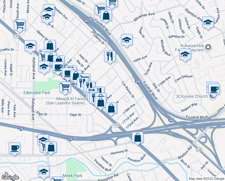 map of restaurants, bars, coffee shops, grocery stores, and more near 1530 167th Avenue in San Leandro