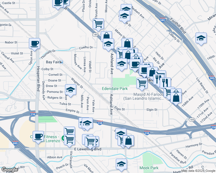 map of restaurants, bars, coffee shops, grocery stores, and more near 16287 Ashland Avenue in San Lorenzo