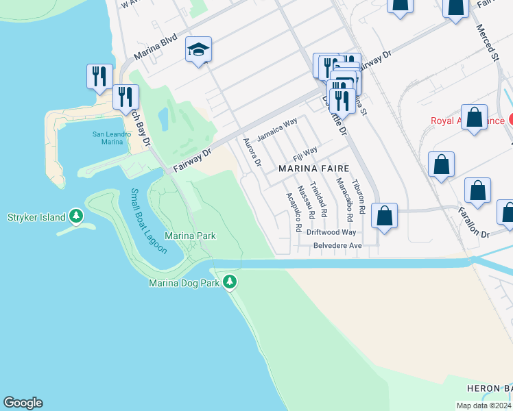 map of restaurants, bars, coffee shops, grocery stores, and more near 14377 Outrigger Drive in San Leandro