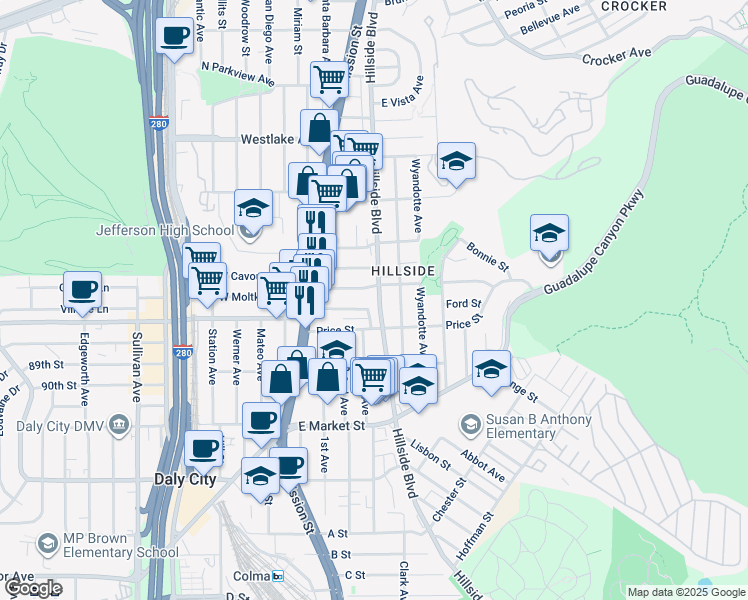 map of restaurants, bars, coffee shops, grocery stores, and more near 773 Hillside Boulevard in Daly City
