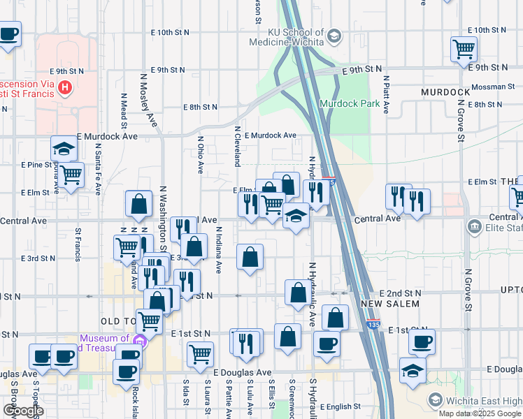 map of restaurants, bars, coffee shops, grocery stores, and more near 1512 East Central Avenue in Wichita