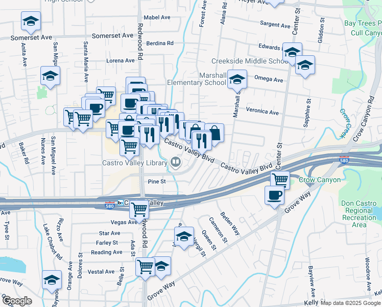 map of restaurants, bars, coffee shops, grocery stores, and more near 3775 Castro Valley Boulevard in Castro Valley