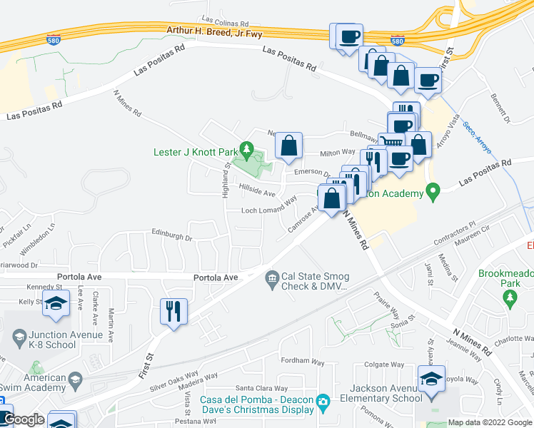 map of restaurants, bars, coffee shops, grocery stores, and more near 495 Kensington Common in Livermore