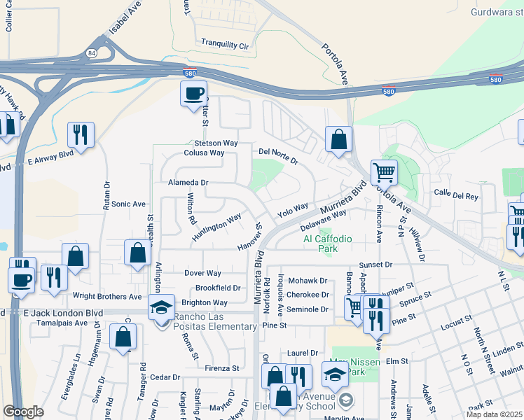 map of restaurants, bars, coffee shops, grocery stores, and more near 866 Cortland Way in Livermore