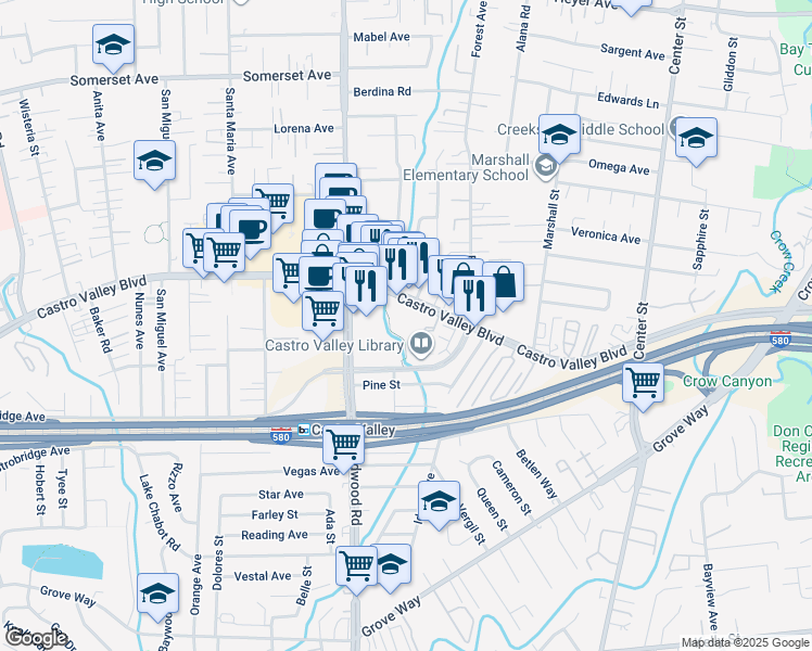 map of restaurants, bars, coffee shops, grocery stores, and more near 3667 Castro Valley Boulevard in Castro Valley
