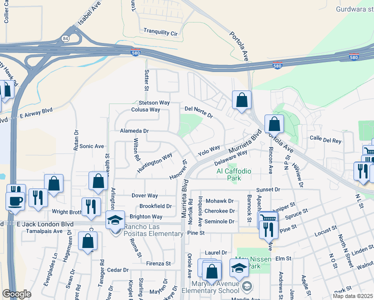map of restaurants, bars, coffee shops, grocery stores, and more near 866 Cortland Way in Livermore