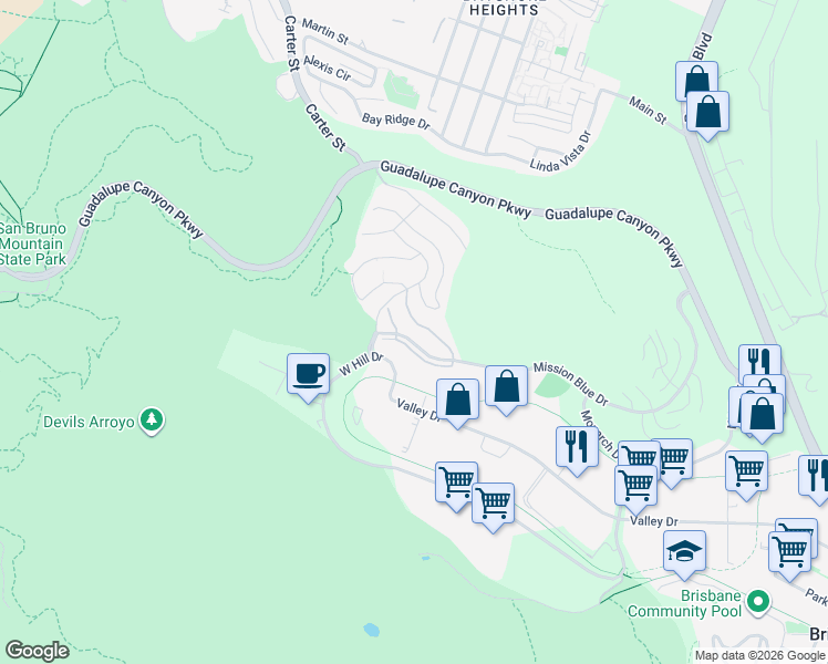 map of restaurants, bars, coffee shops, grocery stores, and more near 415 Callippe Court in Brisbane