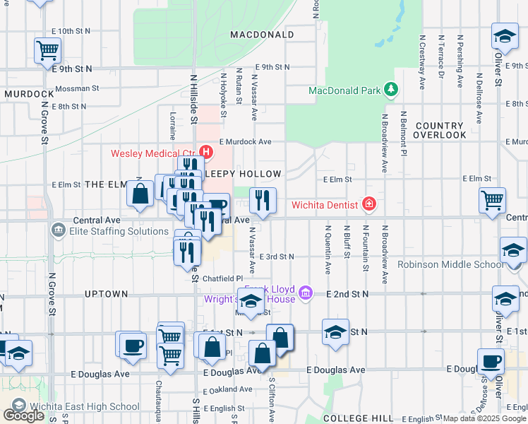 map of restaurants, bars, coffee shops, grocery stores, and more near 3414 East Central Avenue in Wichita