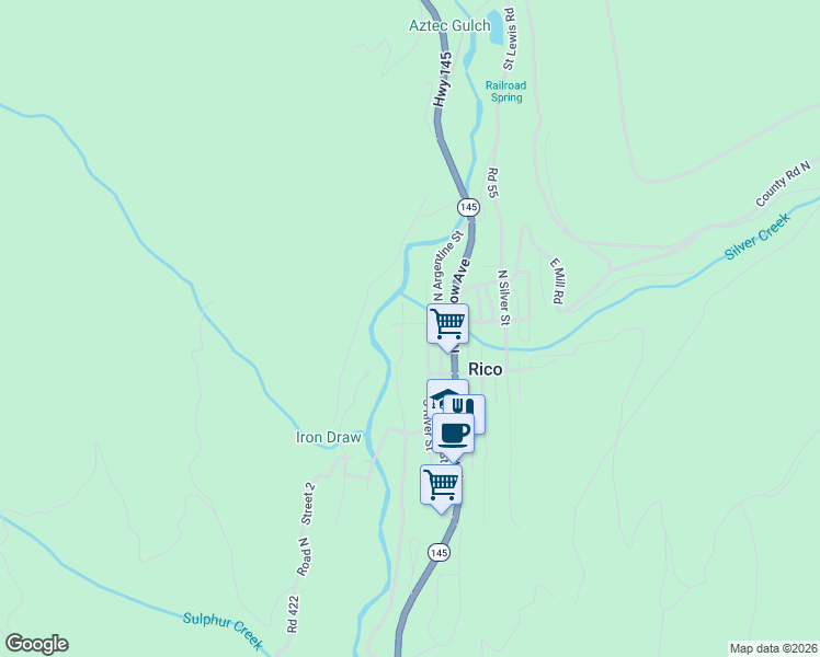 map of restaurants, bars, coffee shops, grocery stores, and more near 23 North River Street in Rico