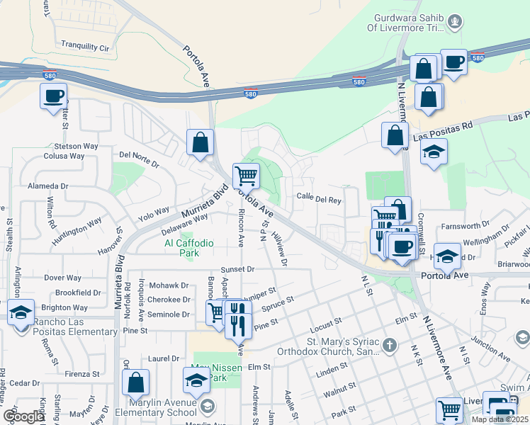 map of restaurants, bars, coffee shops, grocery stores, and more near 1363 North P Street in Livermore