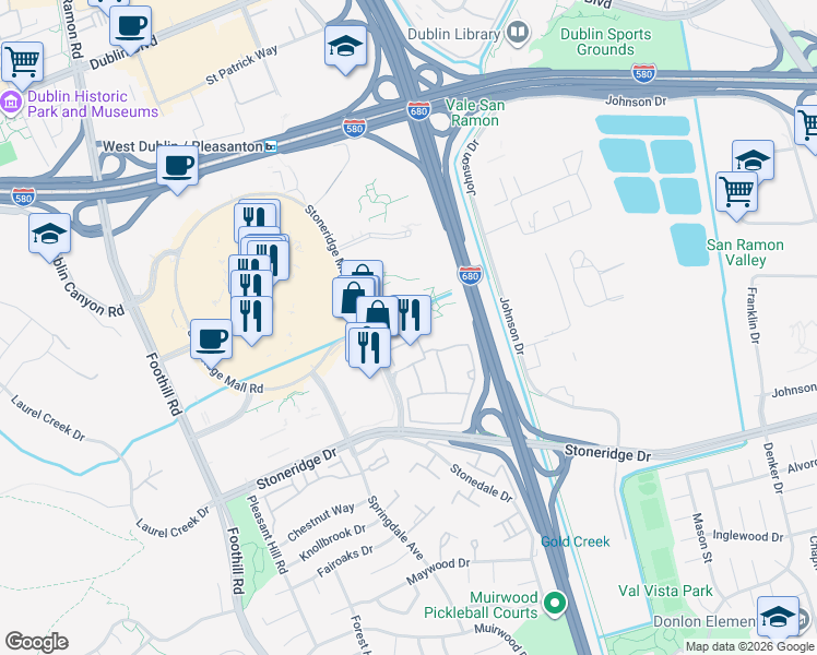 map of restaurants, bars, coffee shops, grocery stores, and more near 6250 Stoneridge Mall Road in Pleasanton
