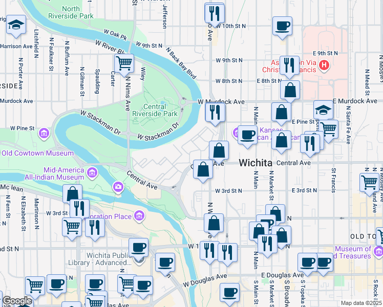 map of restaurants, bars, coffee shops, grocery stores, and more near 400 West Central Avenue in Wichita
