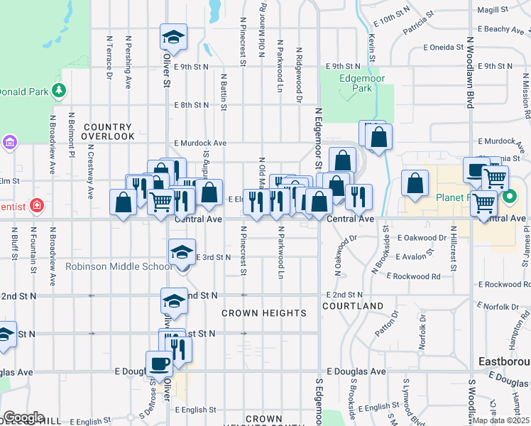map of restaurants, bars, coffee shops, grocery stores, and more near 5231 E Central Ave in Wichita