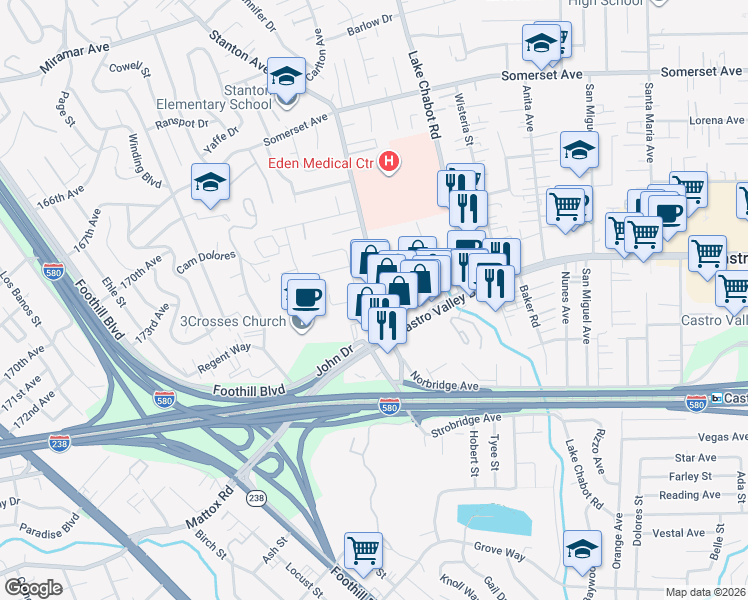 map of restaurants, bars, coffee shops, grocery stores, and more near 20513 Almeda Street in Castro Valley