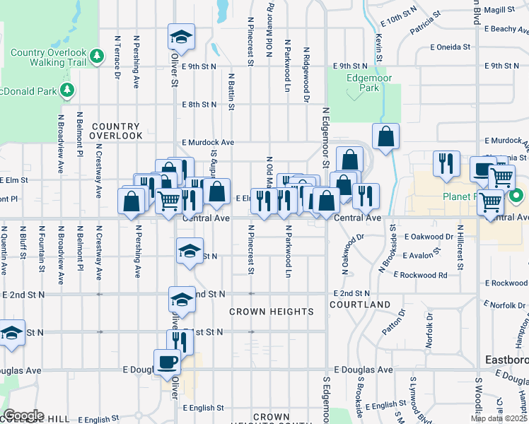 map of restaurants, bars, coffee shops, grocery stores, and more near 5231 E Central Ave in Wichita