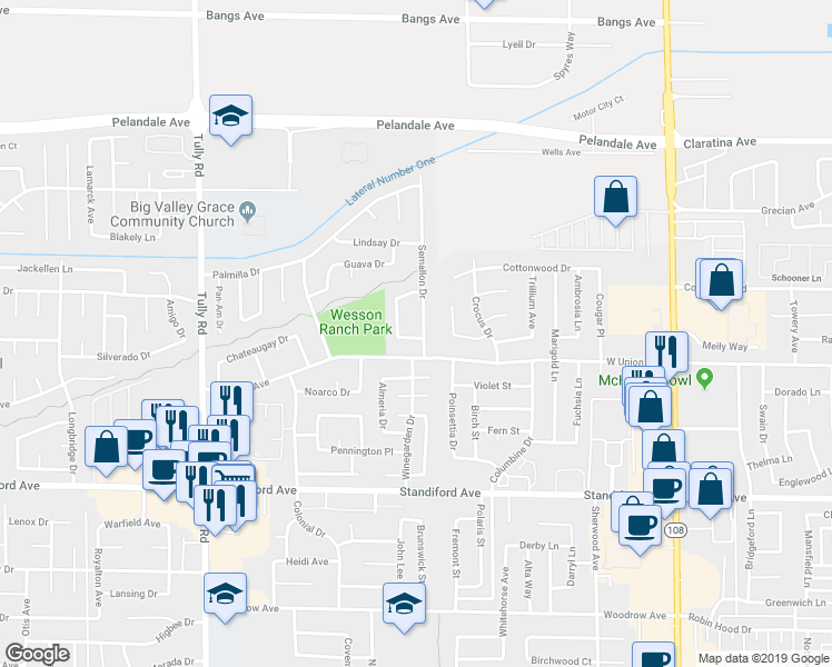 map of restaurants, bars, coffee shops, grocery stores, and more near 801 Perlette Way in Modesto