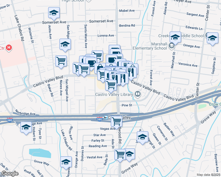 map of restaurants, bars, coffee shops, grocery stores, and more near 3448 Redwood Court in Castro Valley