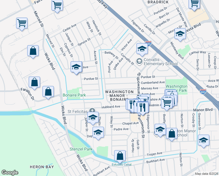 map of restaurants, bars, coffee shops, grocery stores, and more near 1377 Mersey Avenue in San Leandro