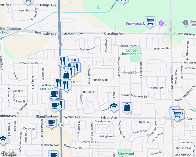 map of restaurants, bars, coffee shops, grocery stores, and more near 421 East Union Avenue in Modesto