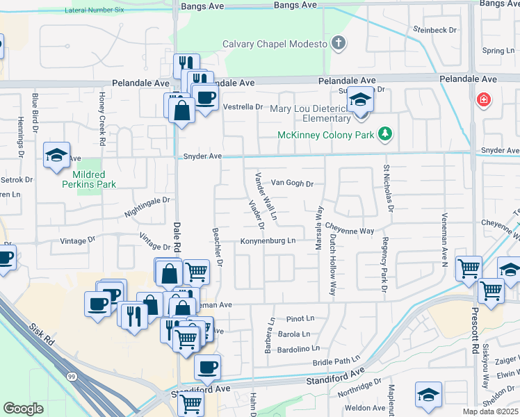 map of restaurants, bars, coffee shops, grocery stores, and more near 3800 Viader Drive in Modesto