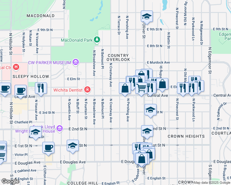 map of restaurants, bars, coffee shops, grocery stores, and more near 4418 East Central Avenue in Wichita