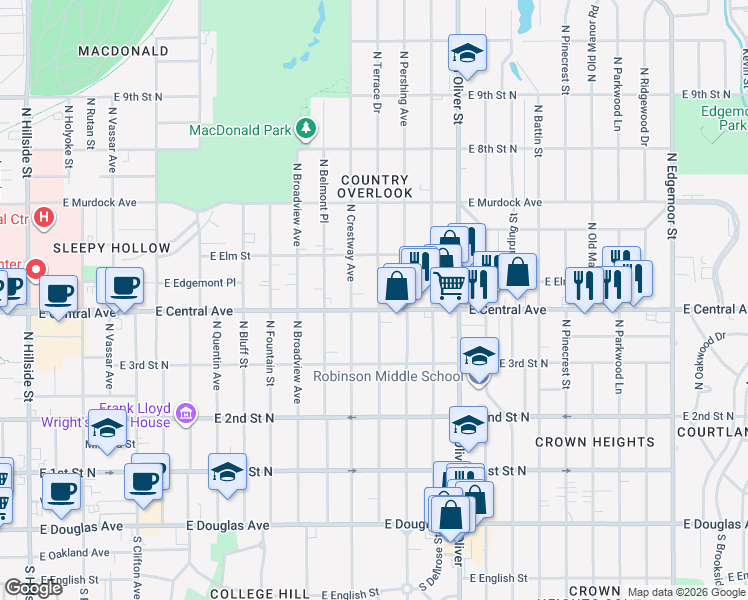 map of restaurants, bars, coffee shops, grocery stores, and more near 4424 East Central Avenue in Wichita