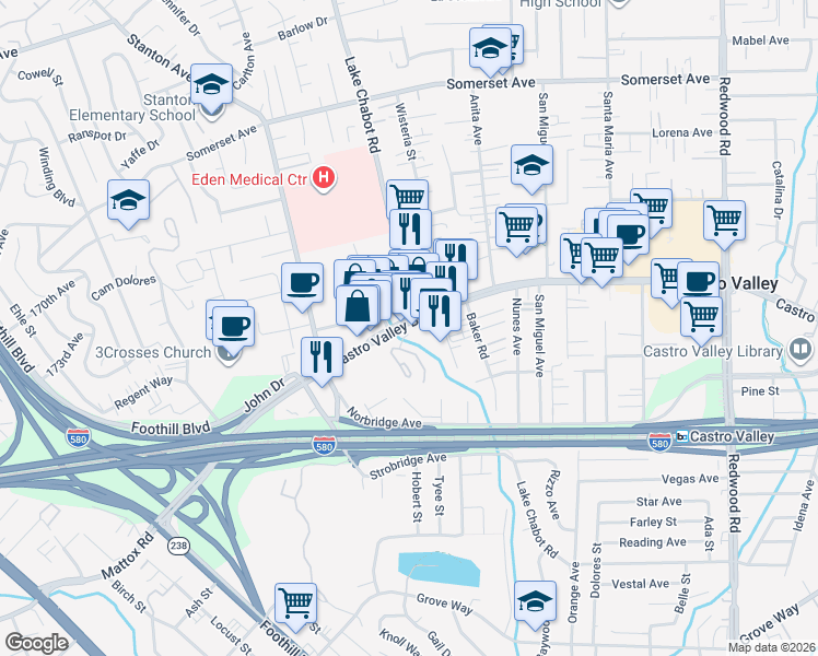 map of restaurants, bars, coffee shops, grocery stores, and more near 20800 Lake Chabot Road in Castro Valley