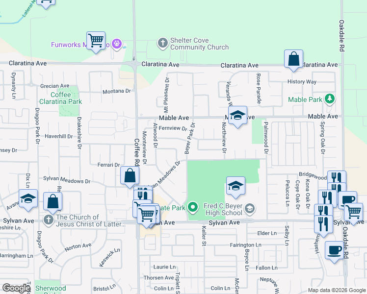 map of restaurants, bars, coffee shops, grocery stores, and more near 3805 Beyer Park Drive in Modesto