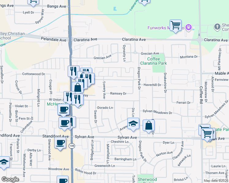 map of restaurants, bars, coffee shops, grocery stores, and more near 421 East Union Avenue in Modesto