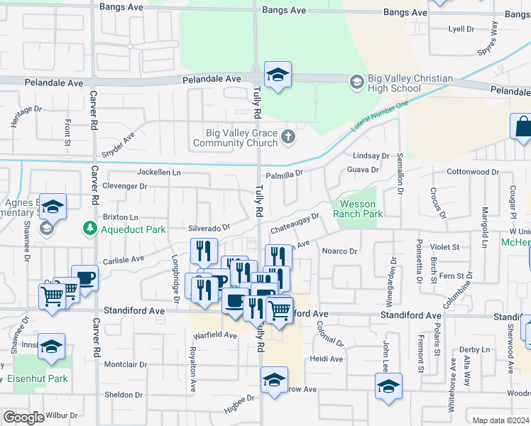 map of restaurants, bars, coffee shops, grocery stores, and more near in Modesto