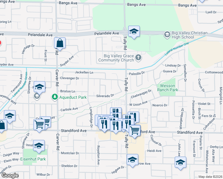 map of restaurants, bars, coffee shops, grocery stores, and more near 1316 Silverado Drive in Modesto