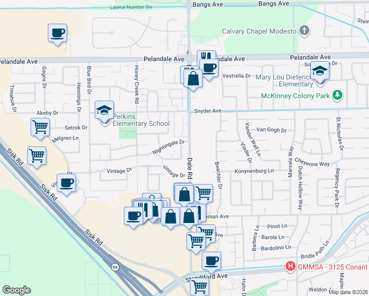 map of restaurants, bars, coffee shops, grocery stores, and more near 3808 Gareth Lane in Modesto