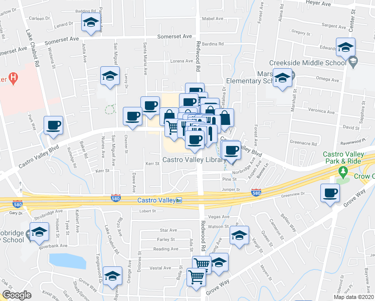 map of restaurants, bars, coffee shops, grocery stores, and more near 3455 Redwood Court in Castro Valley