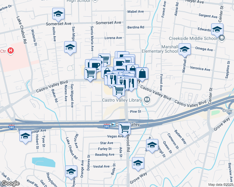 map of restaurants, bars, coffee shops, grocery stores, and more near 3455 Redwood Court in Castro Valley